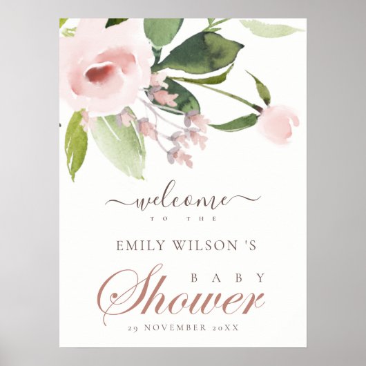 SOFT BLUSH PINK ROSE FLORAL BABY SHOWER WELKOM POSTER (Voorkant)