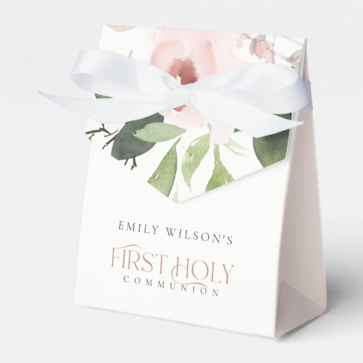 SOFT BLUSH PINK ROSE FLORAL FIRST HOLY COMMUNION BEDANKDOOSJES (Voorkant Zijde)