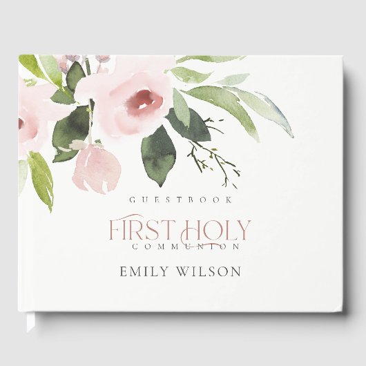 SOFT BLUSH PINK ROSE FLORAL FIRST HOLY COMMUNION GASTENBOEK (Voorkant)