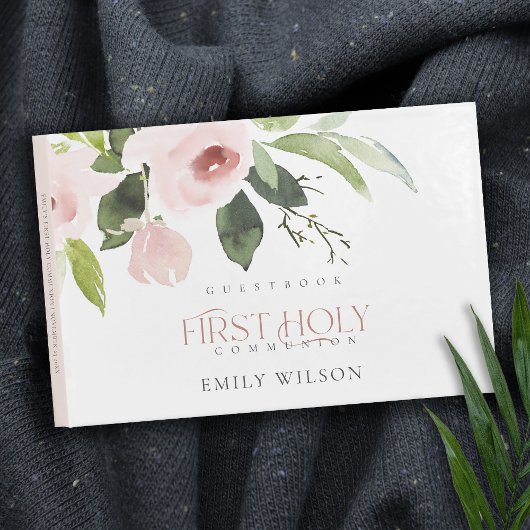 SOFT BLUSH PINK ROSE FLORAL FIRST HOLY COMMUNION GASTENBOEK