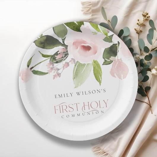 SOFT BLUSH PINK ROSE FLORAL FIRST HOLY COMMUNION PAPIEREN BORDJE