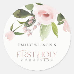 SOFT BLUSH PINK ROSE FLORAL FIRST HOLY COMMUNION RONDE STICKER
