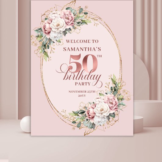 Soft Blush Pink Rose Gold 50th Birthday Backdrop Wandkleed