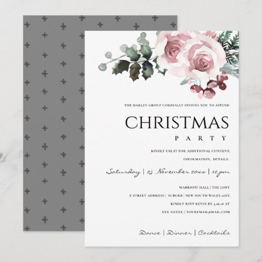 SOFT BLUSH PINK ROSE HOLLY BERRY CHRISTMAS PARTY FEESTDAGENKAART (Voorkant / Achterkant)