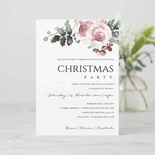 SOFT BLUSH PINK ROSE HOLLY BERRY CHRISTMAS PARTY FEESTDAGENKAART (Staand voorkant)