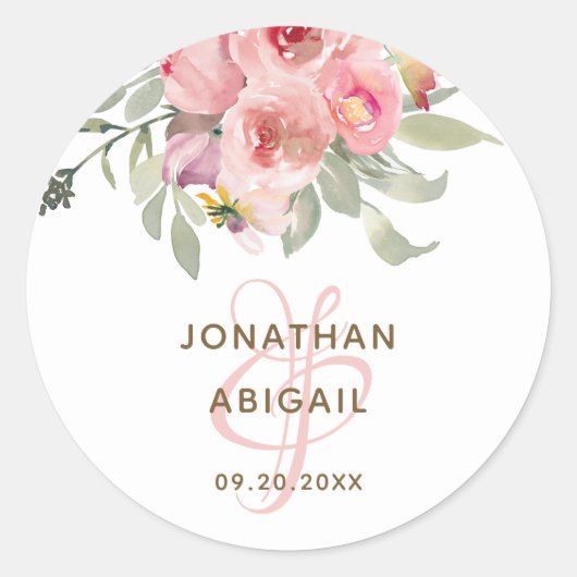 Soft Blush Pink Waterverf Floral Bouquet Wedding Ronde Sticker (Voorkant)