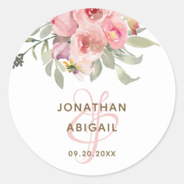 Soft Blush Pink Waterverf Floral Bouquet Wedding Ronde Sticker