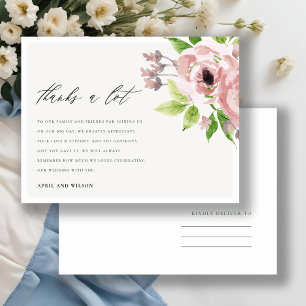SOFT BLUSH PINK WATERVERF FLORAL DANK U BRIEFKAART