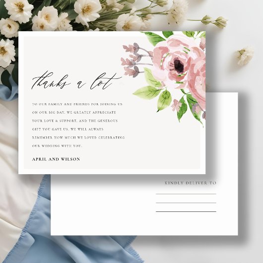 SOFT BLUSH PINK WATERVERF FLORAL DANK U BRIEFKAART