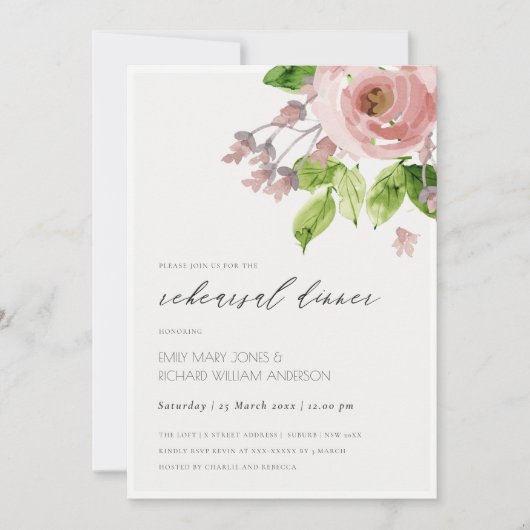SOFT BLUSH PINK WATERVERF FLORAL REHEARSAL DINNER KAART (Voorkant)