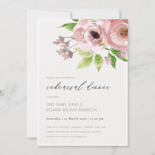 SOFT BLUSH PINK WATERVERF FLORAL REHEARSAL DINNER KAART (Voorkant)