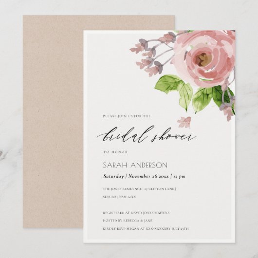 SOFT BLUSH PINK WATERVERF FLORAL VRIJGEZELLENFEEST KAART (Voorkant / Achterkant)