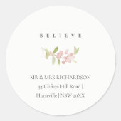 SOFT BLUSH ROOS PINK CHRISTMAS GELOOFT ADRES RONDE STICKER (Voorkant)