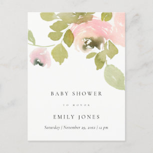 SOFT BLUSH ROOS WATERVERF FLORAL BABY SHOWER UITNODIGING BRIEFKAART