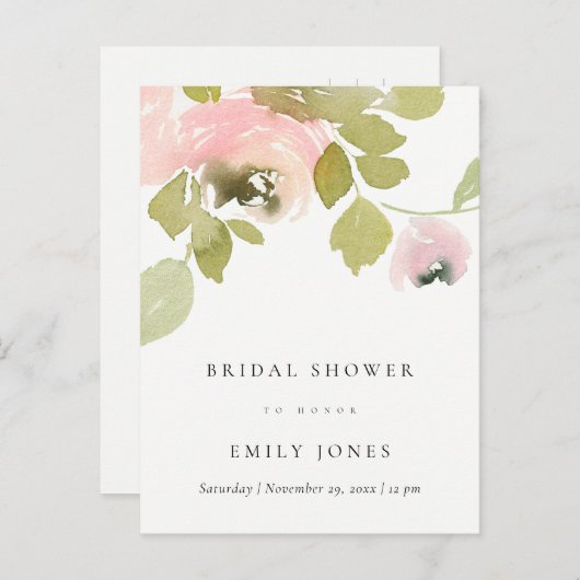 SOFT BLUSH ROOS WATERVERF FLORAL VRIJGEZELLENFEEST UITNODIGING BRIEFKAART (Voorkant / Achterkant)