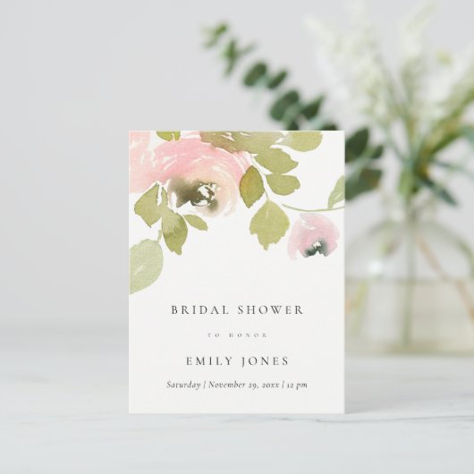 SOFT BLUSH ROOS WATERVERF FLORAL VRIJGEZELLENFEEST UITNODIGING BRIEFKAART (Staand voorkant)