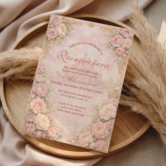 Soft Blush Rose Garden Quinceañera Kaart