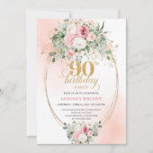 Soft Blush Roses Gold Elegant 90th Birthday Invitе Kaart (Voorkant)