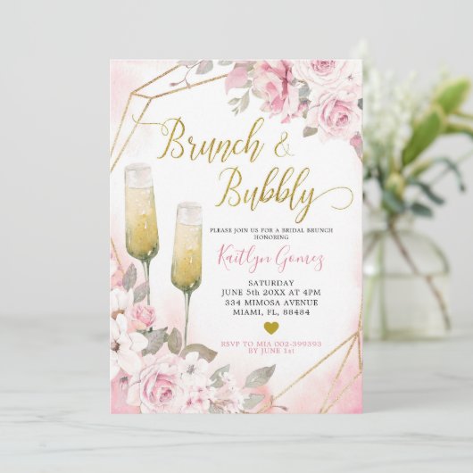 Soft Blush roze Rose Brunch en Bubble Invitation Kaart (Staand voorkant)