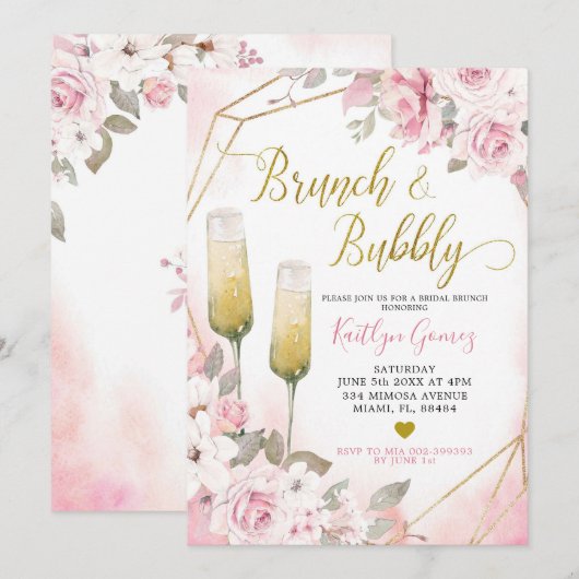 Soft Blush roze Rose Brunch en Bubble Invitation Kaart (Voorkant / Achterkant)