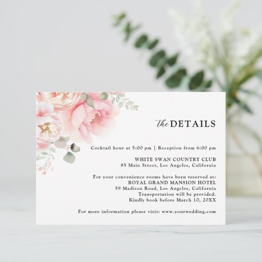 Soft Blush Roze Tuin Bloemen Trouwdetails Informatiekaartje (Staand voorkant)