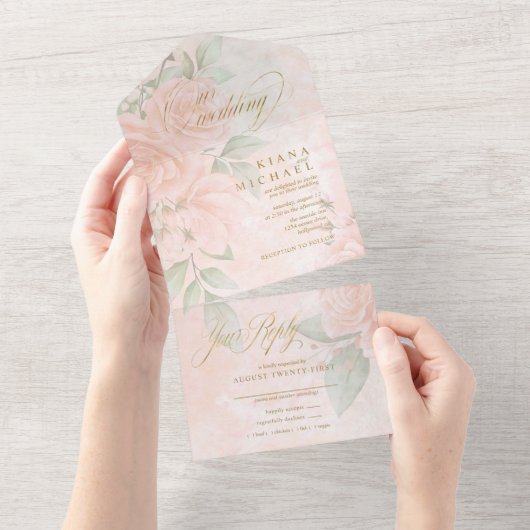 Soft Blush Rozen Wedding ID828 All In One Uitnodiging (Afscheurbaar)