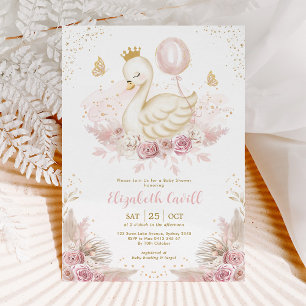 Soft Blush Swan Princess met ballonBaby shower Kaart