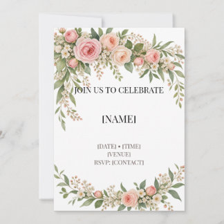 Soft Blush Watercolor Rose Birthday Invitation Tem Kaart