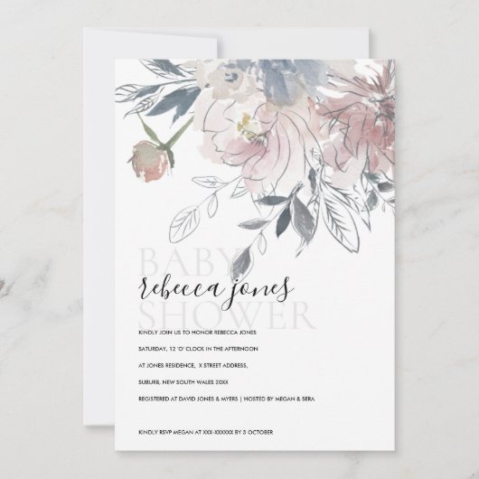 SOFT BLUSH WATERVERF FLORAL BABY SHOWER INVITE BEDANKKAART (Voorkant)