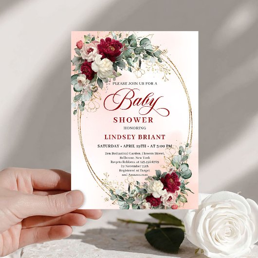 Soft Bohemian Burgundy Greenery Baby Shower Invite Kaart