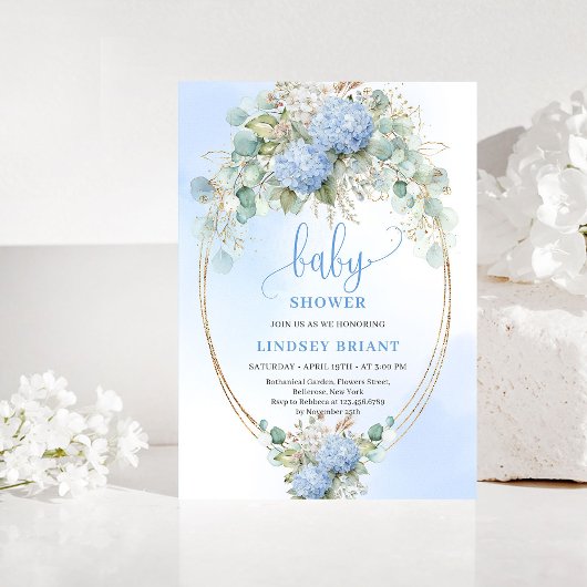 Soft Boho Blue Floral Baby Shower Gold Invitation Kaart