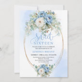 Soft Boho Dusty Blue Floral Gold Sweet 16 Birthday Kaart (Voorkant)