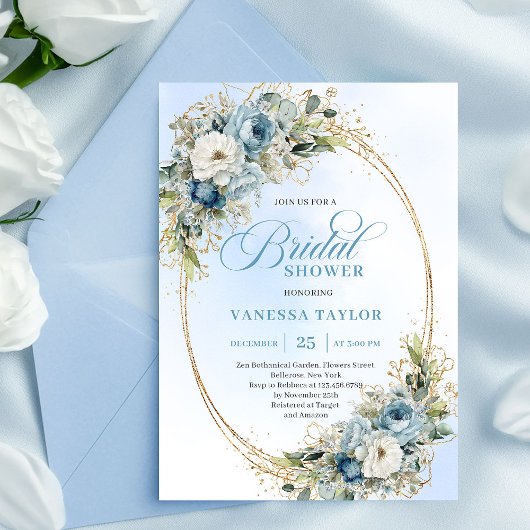 Soft Boho Dusty Blue Floral Greenery Bridal Shower Kaart