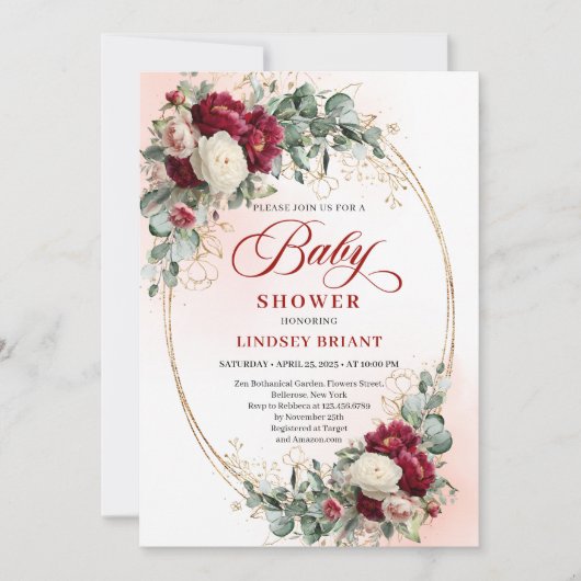 Soft Boho Marsala Peony Baby Shower Invite Kaart (Voorkant)