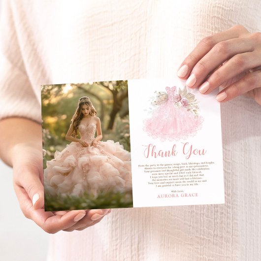 Soft Boho Roze Quinceañera Jurk Foto Bedankkaart