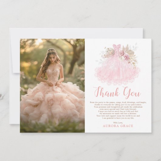 Soft Boho Roze Quinceañera Jurk Foto Bedankkaart (Voorkant)
