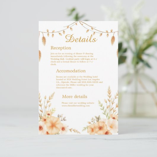 Soft Boho Tone Perzik Bloemen bruiloft Informatiekaartje (Staand voorkant)