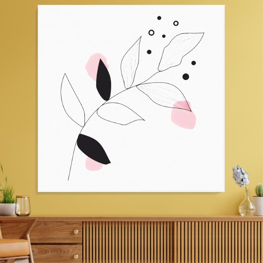 Soft Botanica – Minimalistische bladlijnkunst met  Canvas Afdruk (Insitu (Woonkamer))