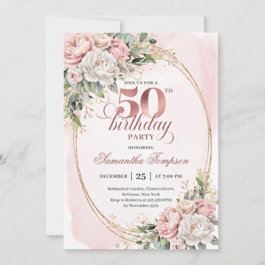 Soft Botanical Blush 50th Birthday Invitation Kaart (Voorkant)