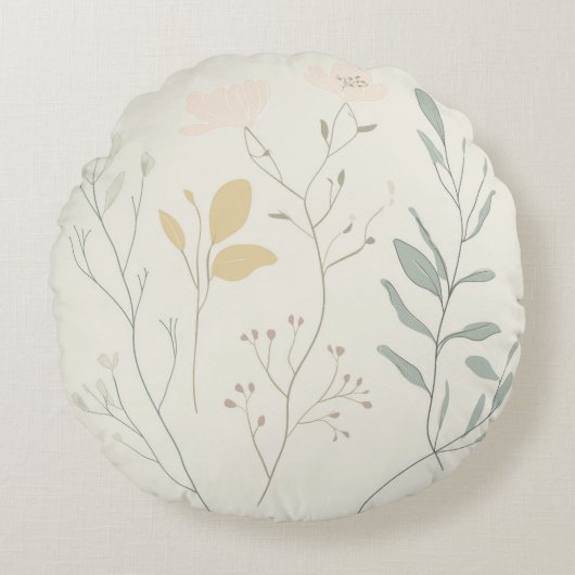 Soft Botanical Pillow – Minimal Pastel Floral Rond Kussen (Voorkant)