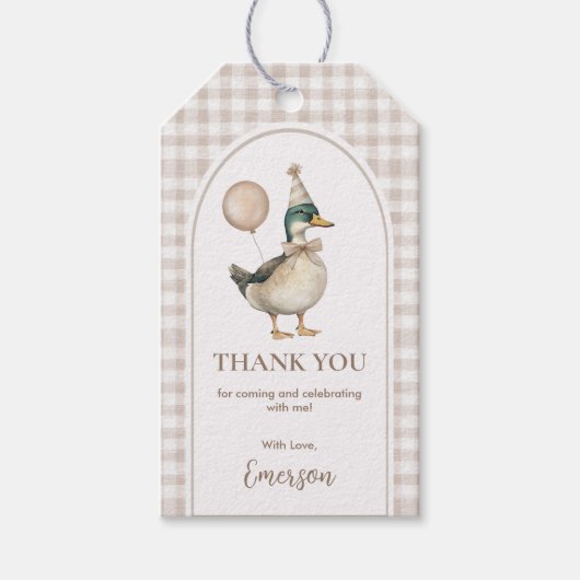Soft Brown Gingham One Lucky Duck Balloon Verjaard Cadeaulabel (Voorkant)