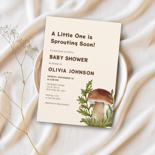 Soft Brown Mushroom Theme Baby shower Invitation Kaart