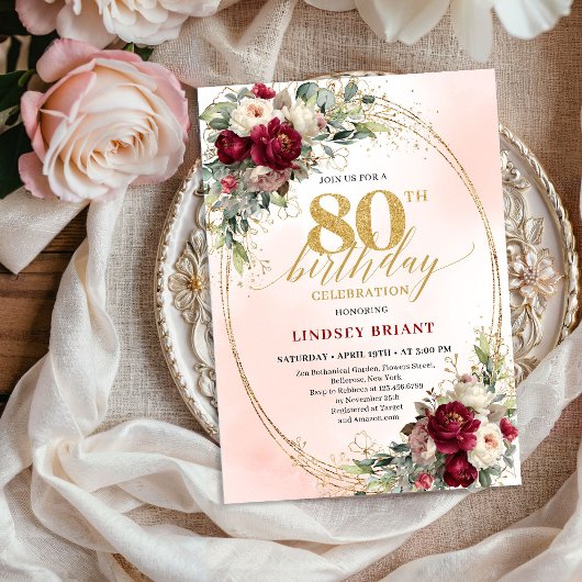 Soft Burgundy Bohemian Floral 80th Birthday Invite Kaart