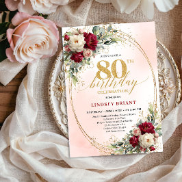 Soft Burgundy Floral Gold 80th Birthday Invitation Kaart