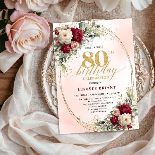 Soft Burgundy Floral Gold 80th Birthday Invitation Kaart