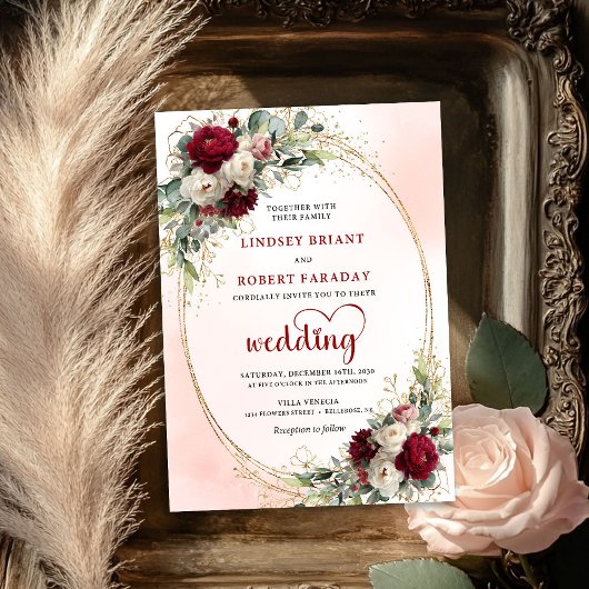 Soft Burgundy Watercolor Floral Wedding Invitation Kaart