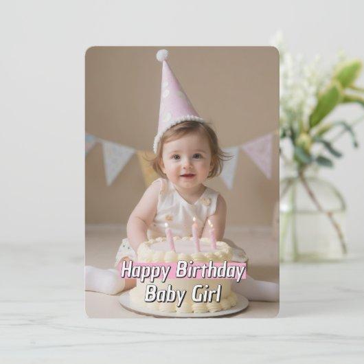 Soft Celebration Baby Girl Verjaardag Kaart Downlo (Staand voorkant)