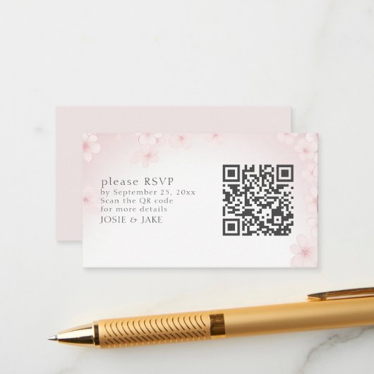 Soft Cherry Blossom RSVP QR Code Enclosure Kaart (Voorkant / Achterkant in situ)