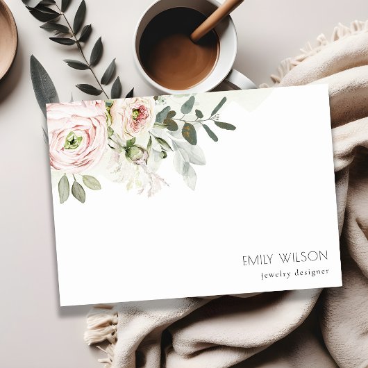 Soft Chic Blush Pink Peony Leafy Botanical Floral Notitiekaartje