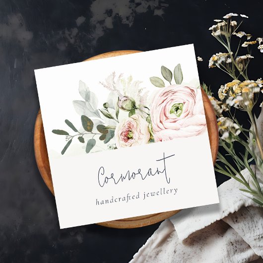 Soft Chic Blush Pink Peony Leafy Botanical Floral Vierkante Visitekaartje